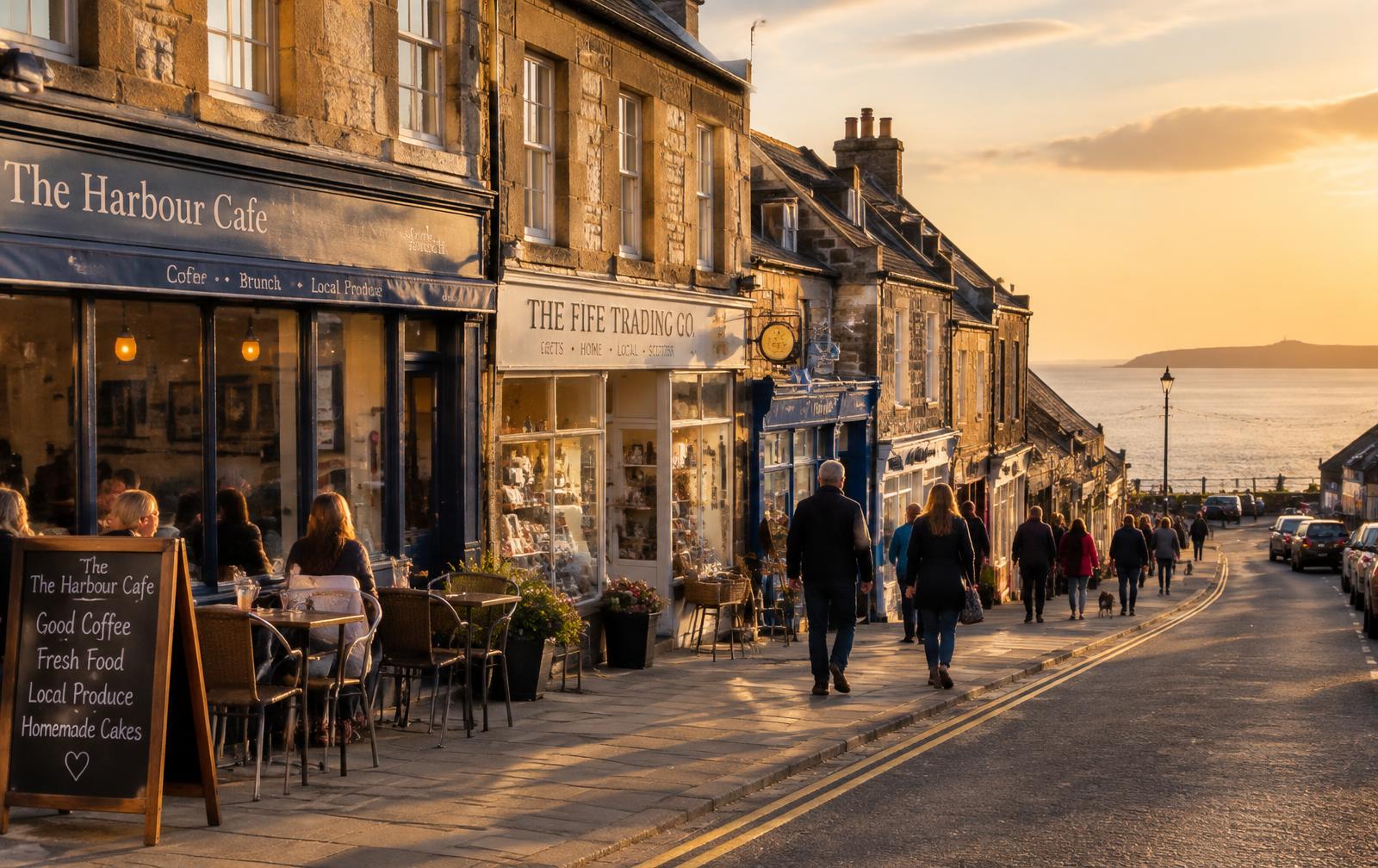 Independent shops on a Fife high street at sunset